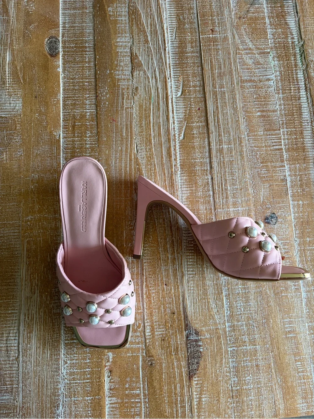 Karl Lagerfeld Amira Pink Pearl Quilted Mule Heels Size 9 Barbie Coquette